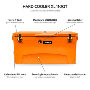 Hard Cooler DUKHA XL 110QT, características: cierre T-lock, membrana COLDLOCK, sistema Relief, rotomoldeado