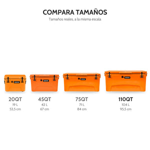 Hard Cooler DUKHA XL 110QT, comparación de tamaños 20QT, 45QT, 75QT y 110QT