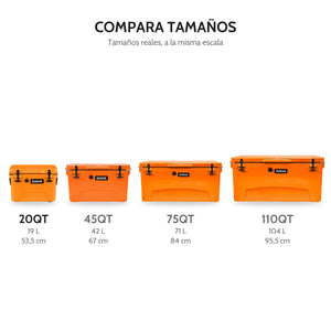Hard Cooler DUKHA 20QT, comparación de tamaños 20QT, 45QT, 75QT y 110QT