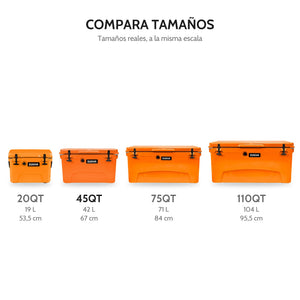 Hard Cooler DUKHA 45QT, comparación de tamaños 20QT, 45QT, 75QT y 110QT