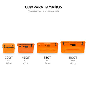 Hard Cooler DUKHA 75QT, comparación de tamaños 20QT, 45QT, 75QT y 110QT