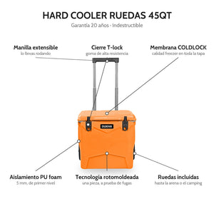 Hard Cooler DUKHA con ruedas 45QT W-Series, características: cierre T-lock, membrana COLDLOCK, sistema Relief, rotomoldeado