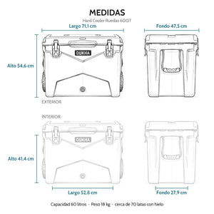 Hard Cooler DUKHA con ruedas 60QT W-Series, medidas exteriores e interiores