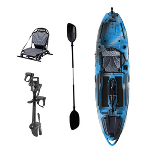 Kayak a pedales DUKHA Taimen 10.4 color Blue Grey Black, vista desde arriba con asiento, remo y pedalera