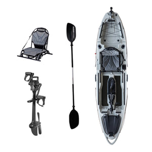 Kayak a pedales DUKHA Taimen 10.4 color Dark Grey, vista desde arriba con asiento, remo y pedalera