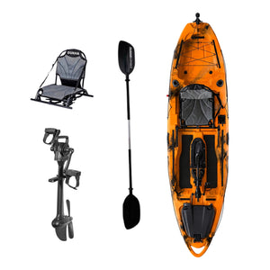 Kayak a pedales DUKHA Taimen 10.4 color Orange Black, vista desde arriba con asiento, remo y pedalera