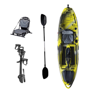 Kayak a pedales DUKHA Taimen 10.4 color Yellow Camo, vista desde arriba con asiento, remo y pedalera