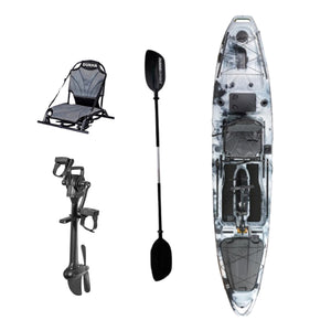 Kayak a pedales DUKHA Taimen 13 color Black White, vista desde arriba con asiento, remo y pedalera