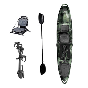 Kayak a pedales DUKHA Taimen 13 color Forest Camo, vista desde arriba con asiento, remo y pedalera