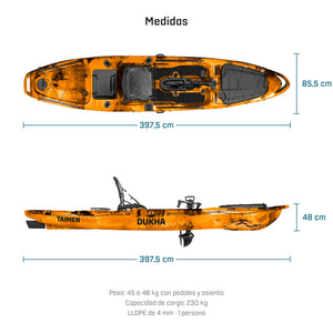 Medidas del kayak DUKHA Taimen 13: 397,5 cm de largo, 85,5 cm de ancho, 48 cm de alto