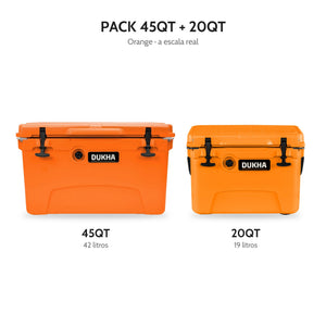 Pack Hard Cooler DUKHA 45QT + 20QT Orange, los dos coolers del pack a escala real