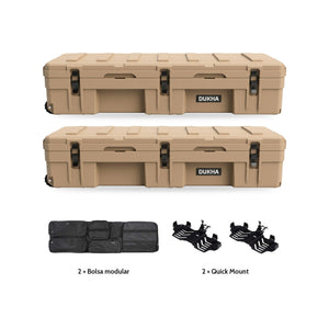 Pack x2 Hard Case DUKHA Titán 128L Ruedas Sand: 2 cajas, 2 bolsas modulares y 2 Quick Mount