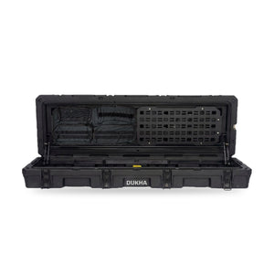 Hard Case DUKHA Titán 92L Rooftop, abierta con bolso y panel MOLLE