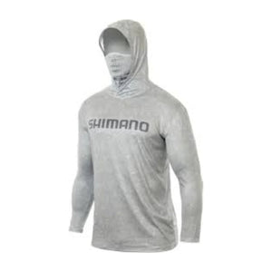 Polera Shimano Tech Tee manga larga con gorro y buff gris, frente