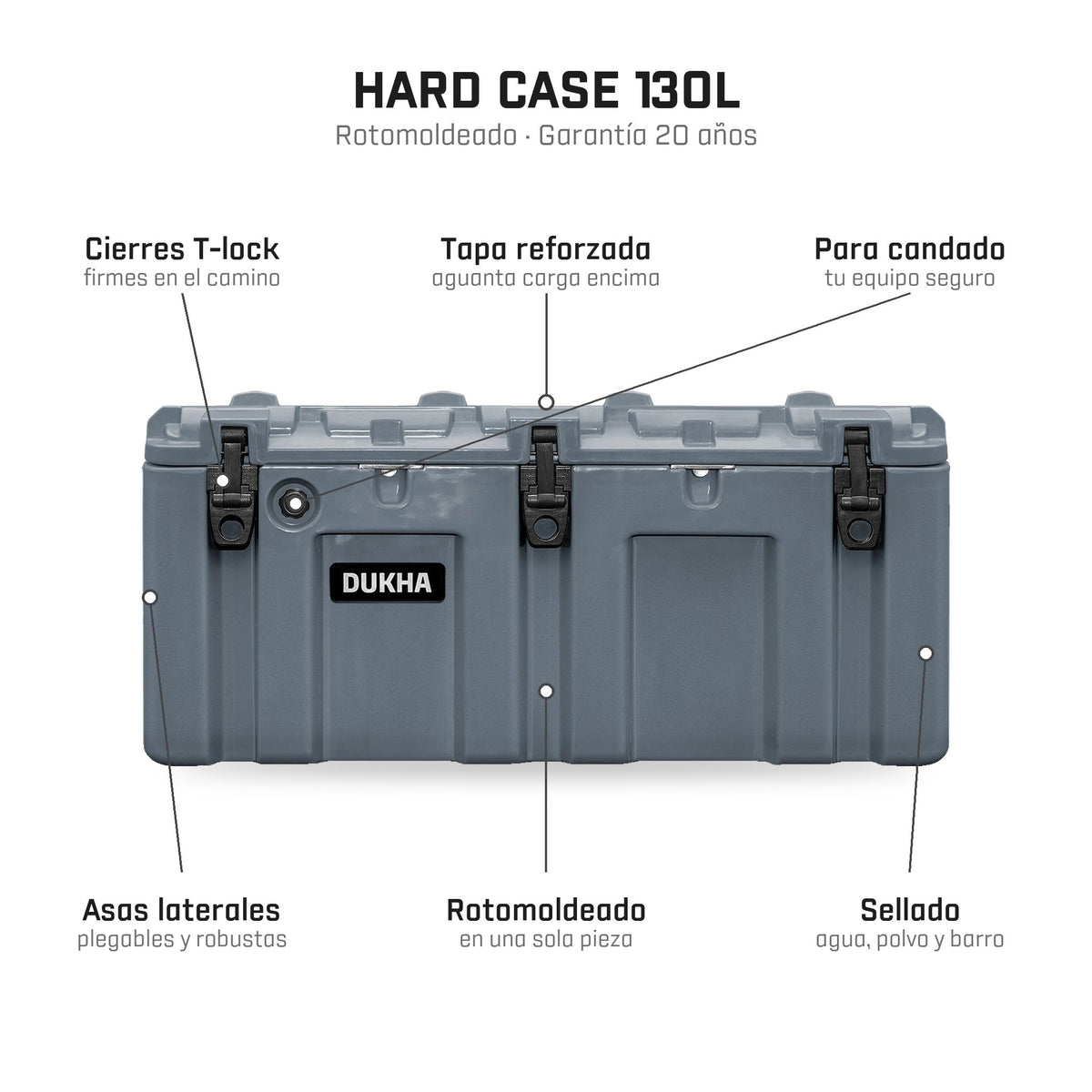 Hard Case DUKHA 130L, características: cierres T-lock, para candado, rotomoldeado