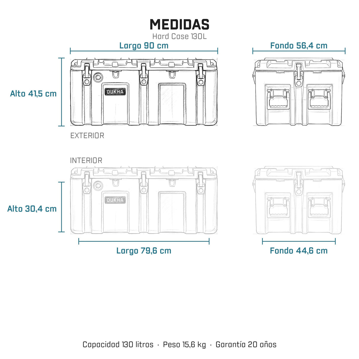 Hard Case DUKHA 130L, medidas exteriores e interiores
