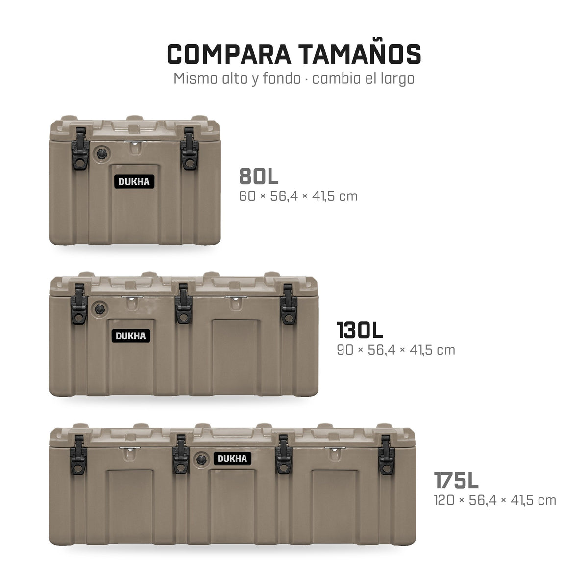 Hard Case DUKHA 130L, comparación de tamaños 80L, 130L y 175L