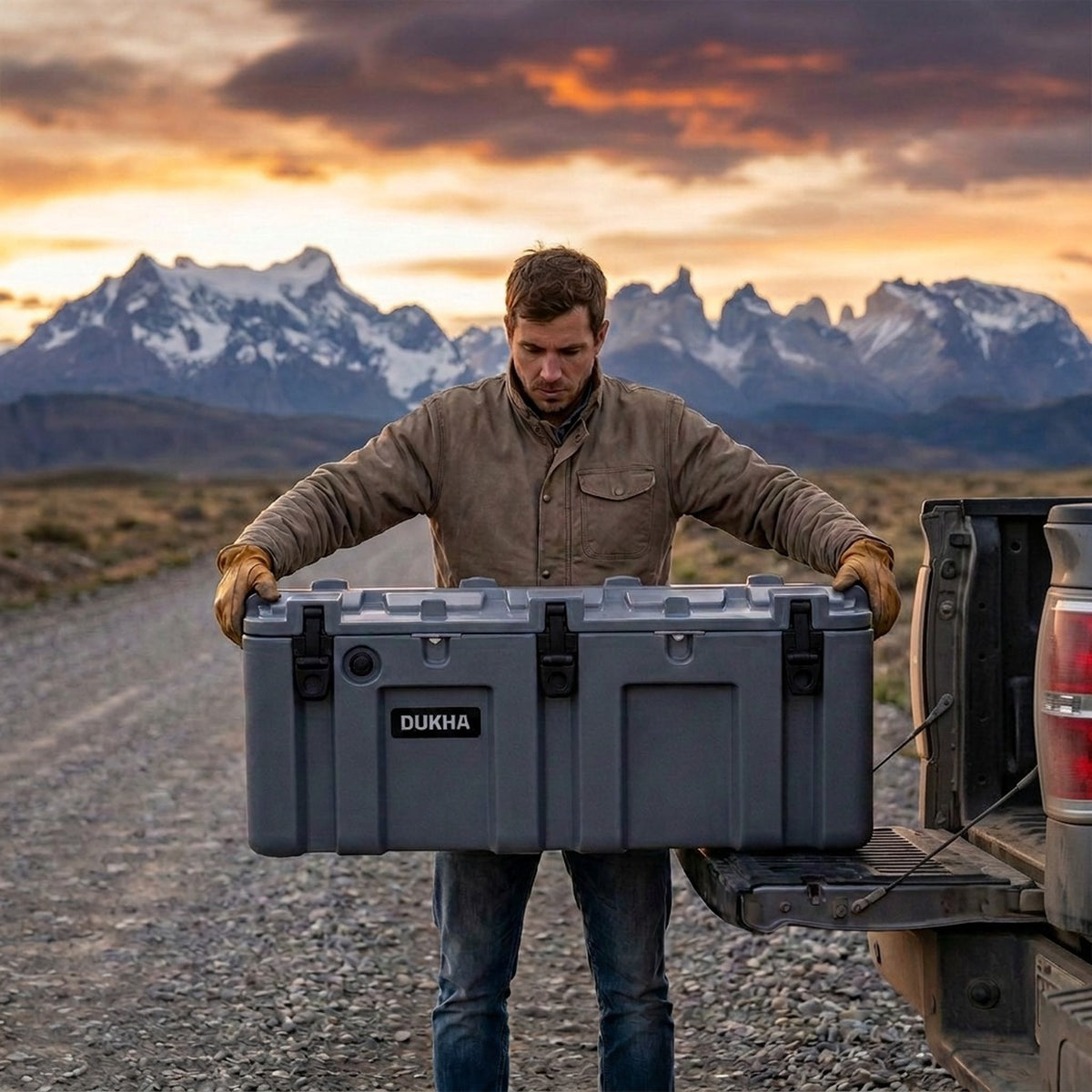 Hard Case DUKHA 130L, cargándolo a una camioneta en la Patagonia