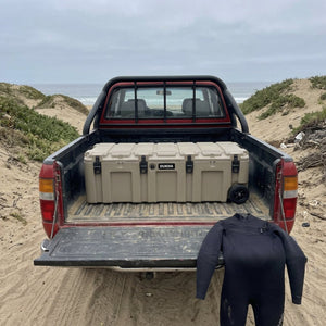 Hard Case DUKHA 175L con ruedas, tamaño real en la tolva de una pickup