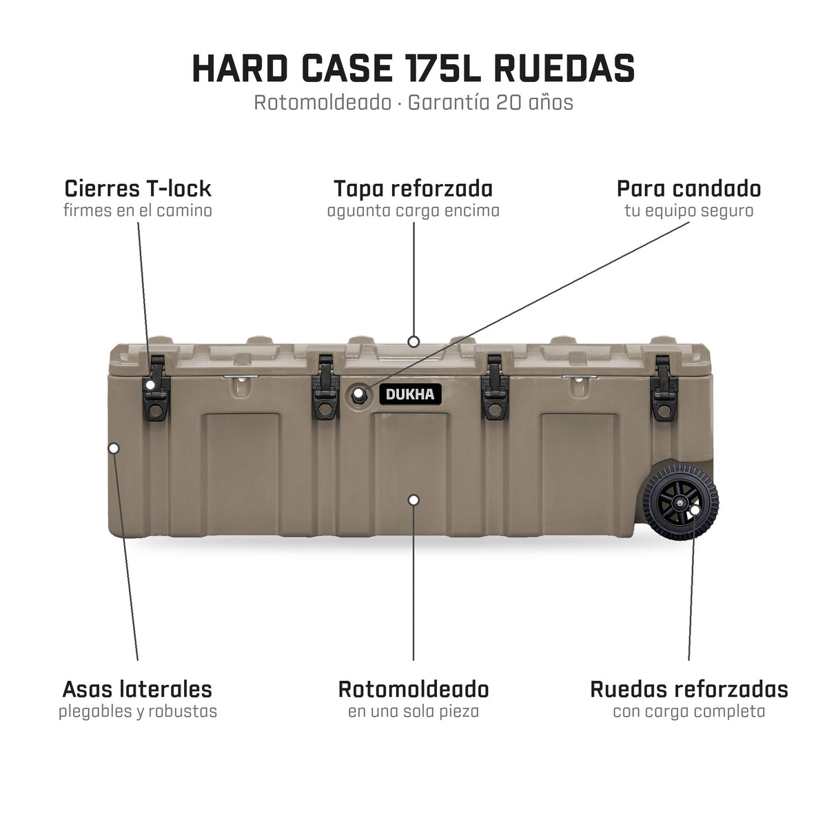 Hard Case DUKHA 175L con ruedas, características: cierres T-lock, para candado, ruedas, rotomoldeado