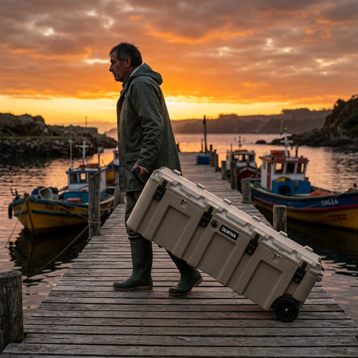 Hard Case DUKHA 175L con ruedas, rodándolo por un muelle de pescadores