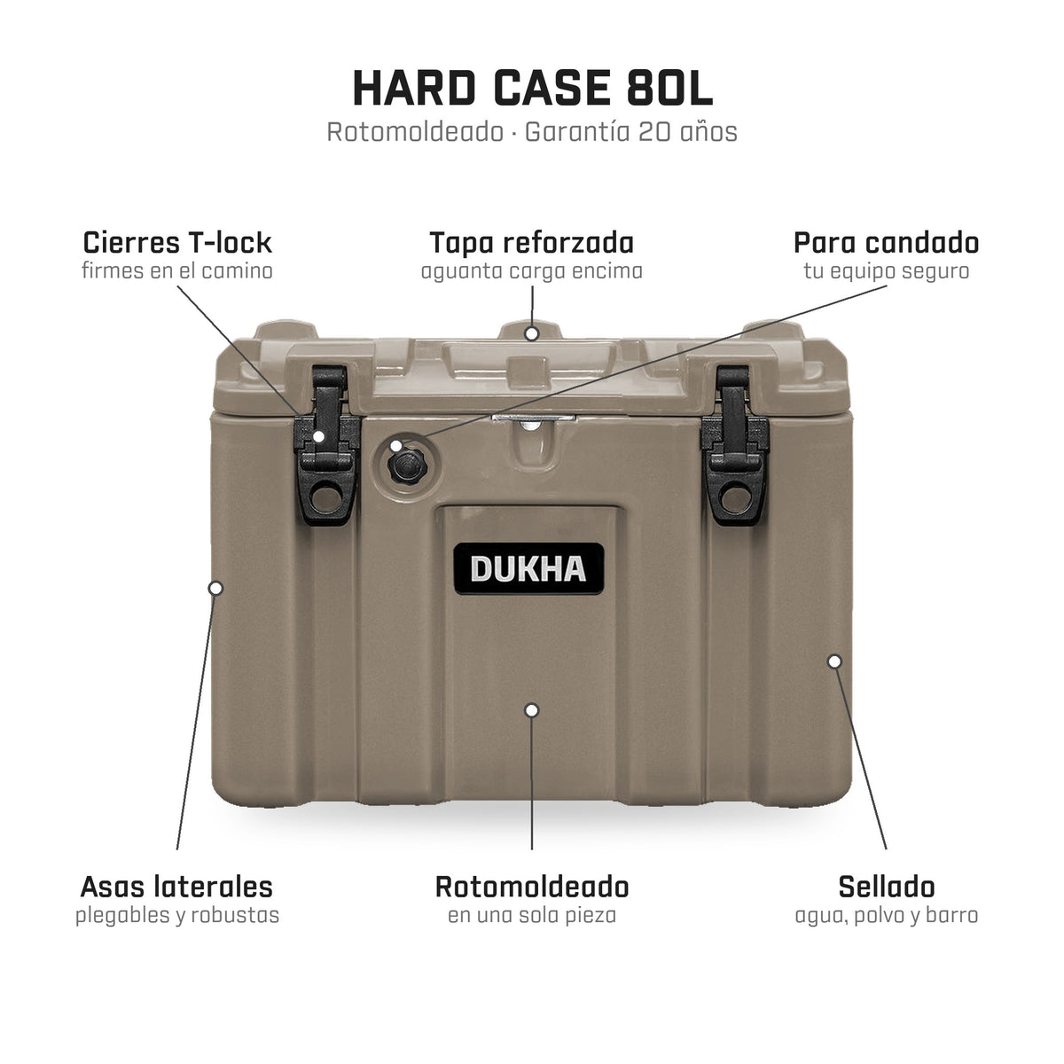 Hard Case DUKHA 80L, características: cierres T-lock, para candado, rotomoldeado