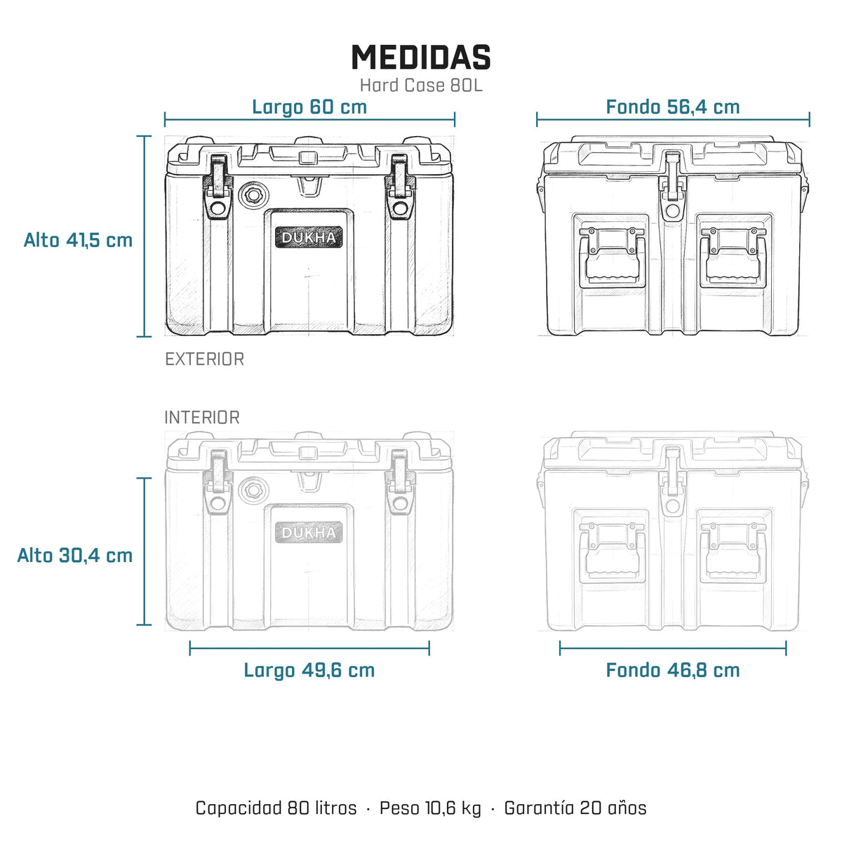 Hard Case DUKHA 80L, medidas exteriores e interiores