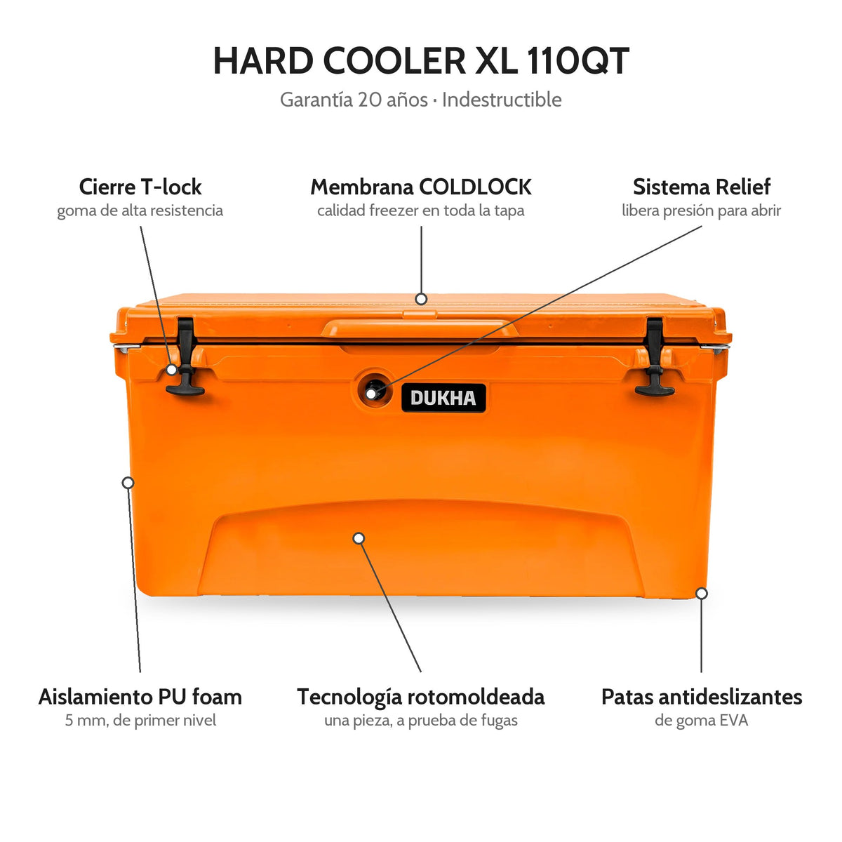 Hard Cooler DUKHA XL 110QT, características: cierre T-lock, membrana COLDLOCK, sistema Relief, rotomoldeado