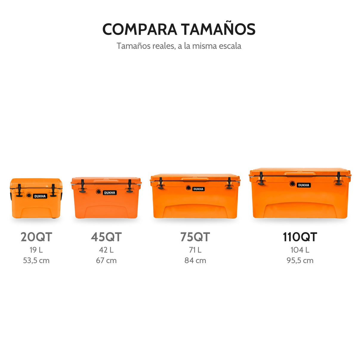 Hard Cooler DUKHA XL 110QT, comparación de tamaños 20QT, 45QT, 75QT y 110QT