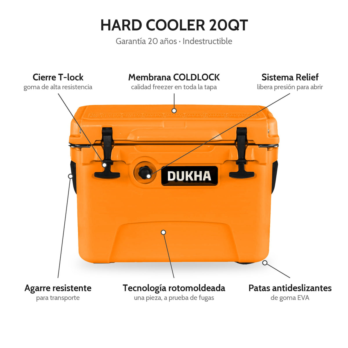 Hard Cooler DUKHA 20QT, características: cierre T-lock, membrana COLDLOCK, sistema Relief, rotomoldeado