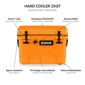Hard Cooler DUKHA 20QT, características: cierre T-lock, membrana COLDLOCK, sistema Relief, rotomoldeado