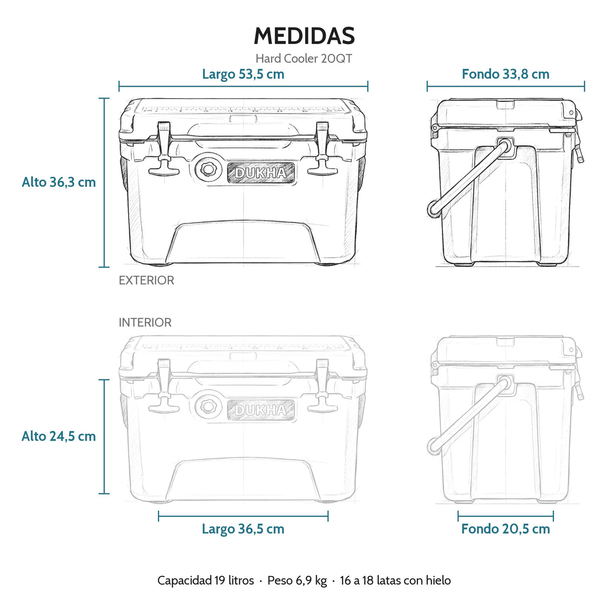 Hard Cooler DUKHA 20QT, medidas exteriores e interiores