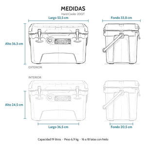 Hard Cooler DUKHA 20QT, medidas exteriores e interiores