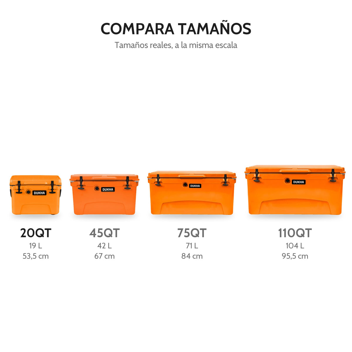 Hard Cooler DUKHA 20QT, comparación de tamaños 20QT, 45QT, 75QT y 110QT