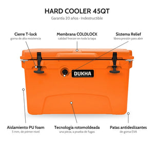 Hard Cooler DUKHA 45QT, características: cierre T-lock, membrana COLDLOCK, sistema Relief, rotomoldeado