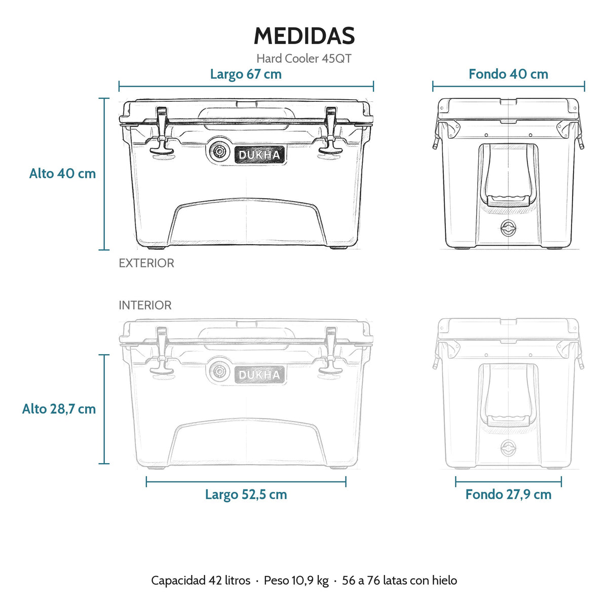 Hard Cooler DUKHA 45QT, medidas exteriores e interiores