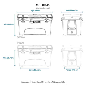 Hard Cooler DUKHA 45QT, medidas exteriores e interiores