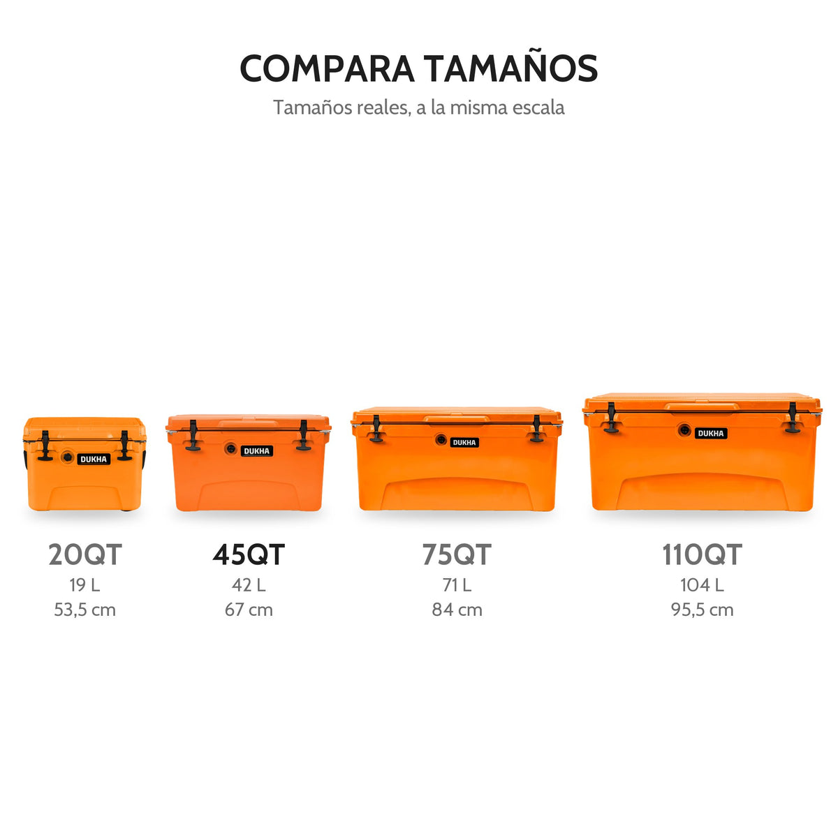 Hard Cooler DUKHA 45QT, comparación de tamaños 20QT, 45QT, 75QT y 110QT