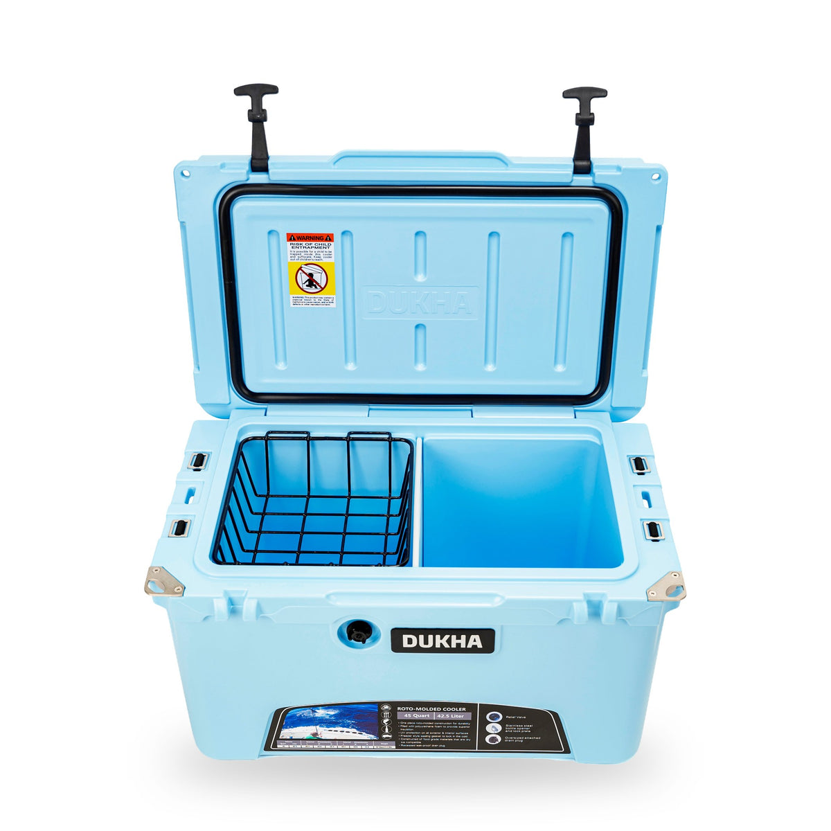 Hard Cooler DUKHA 45QT color Sky Blue, abierto