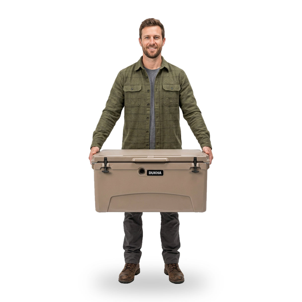 Hard Cooler DUKHA 75QT, tamaño real junto a una persona