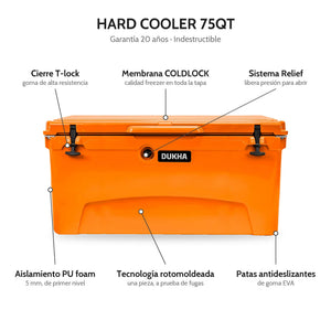 Hard Cooler DUKHA 75QT, características: cierre T-lock, membrana COLDLOCK, sistema Relief, rotomoldeado