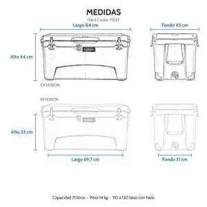 Hard Cooler DUKHA 75QT, medidas exteriores e interiores
