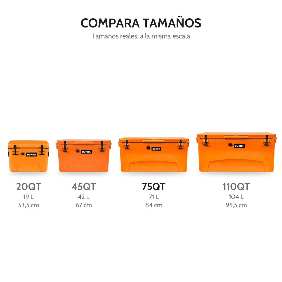 Hard Cooler DUKHA 75QT, comparación de tamaños 20QT, 45QT, 75QT y 110QT