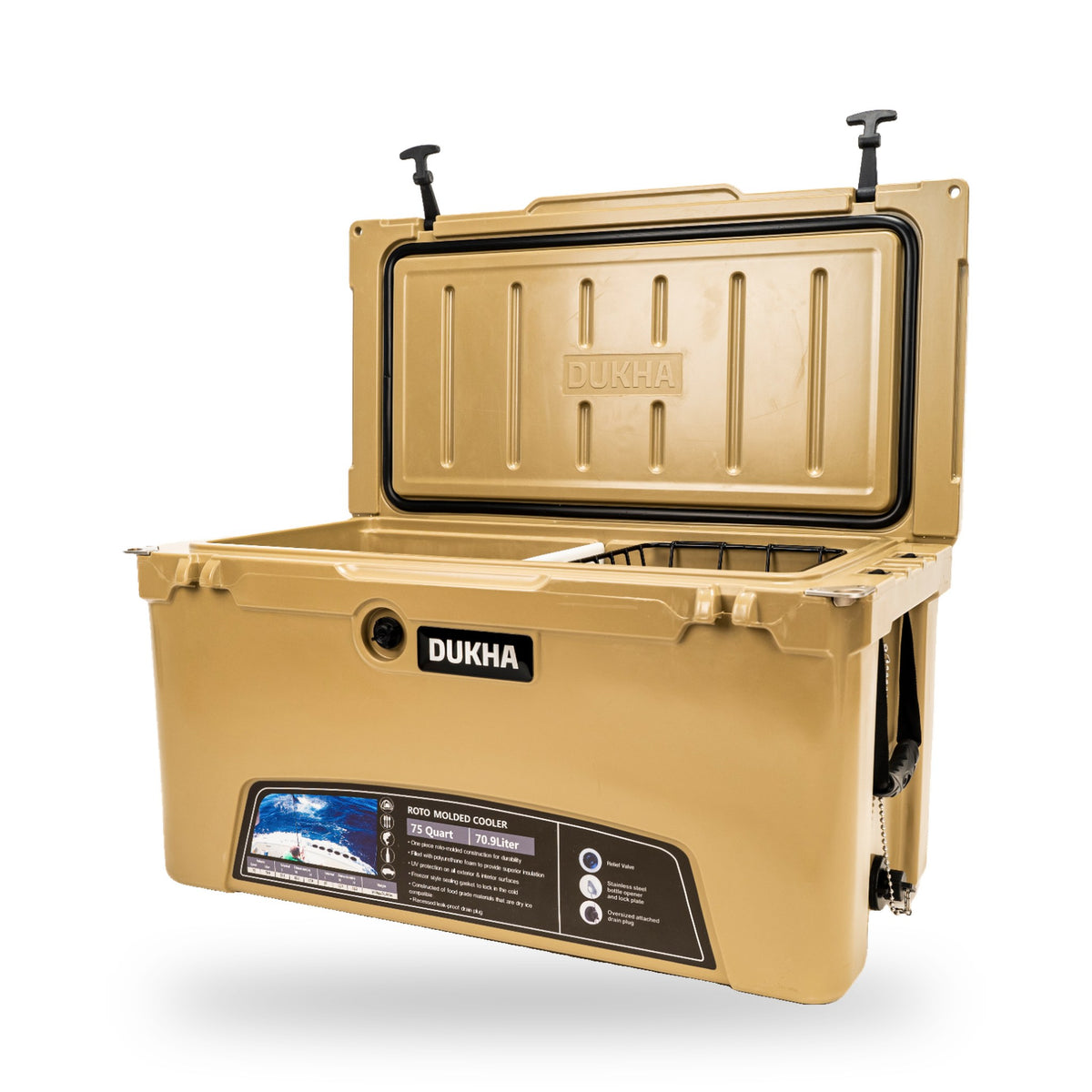 Hard Cooler DUKHA 75QT color Sand, abierto