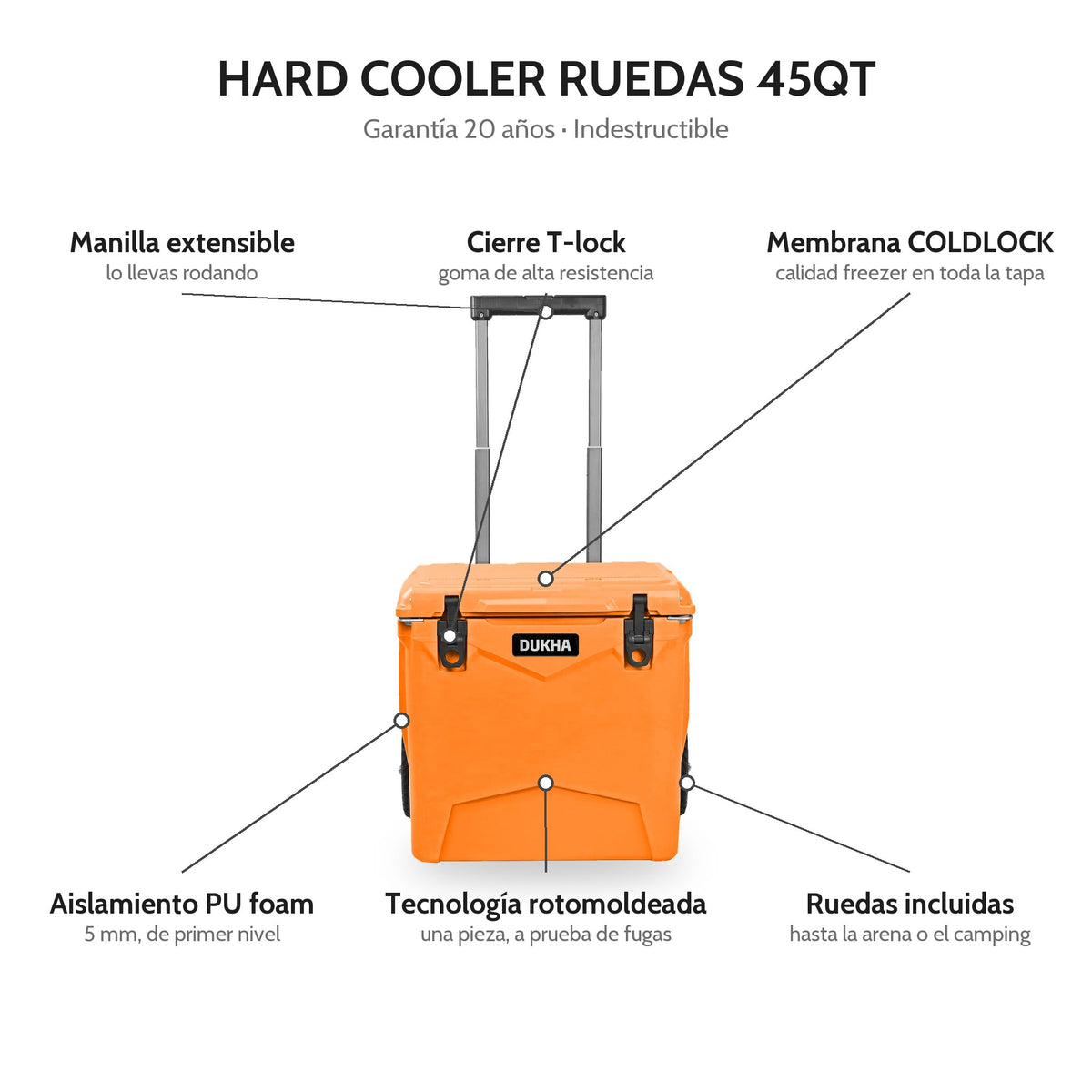 Hard Cooler DUKHA con ruedas 45QT W-Series, características: cierre T-lock, membrana COLDLOCK, sistema Relief, rotomoldeado