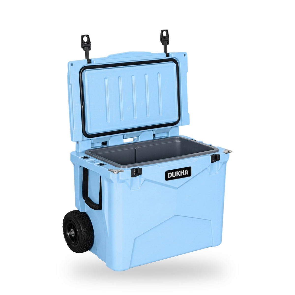 Hard Cooler DUKHA con ruedas 45QT W-Series color Sky Blue, abierto