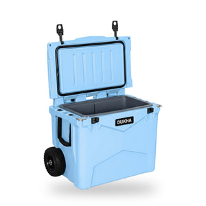 Hard Cooler DUKHA con ruedas 45QT W-Series color Sky Blue, abierto