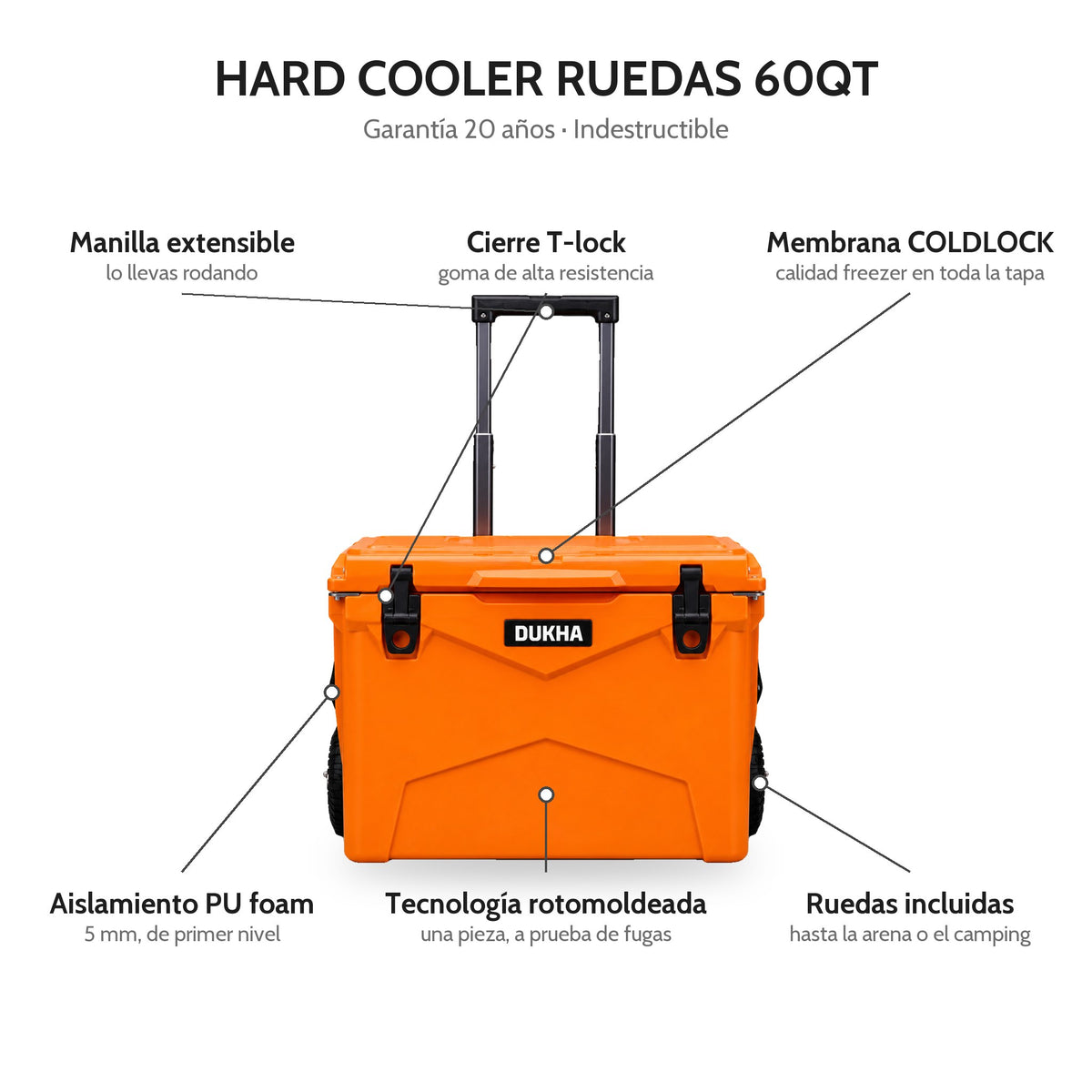 Hard Cooler DUKHA con ruedas 60QT W-Series, características: cierre T-lock, membrana COLDLOCK, sistema Relief, rotomoldeado