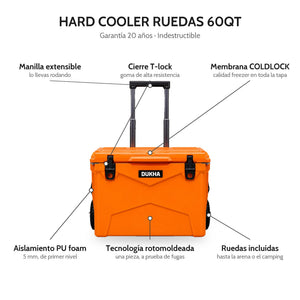 Hard Cooler DUKHA con ruedas 60QT W-Series, características: cierre T-lock, membrana COLDLOCK, sistema Relief, rotomoldeado