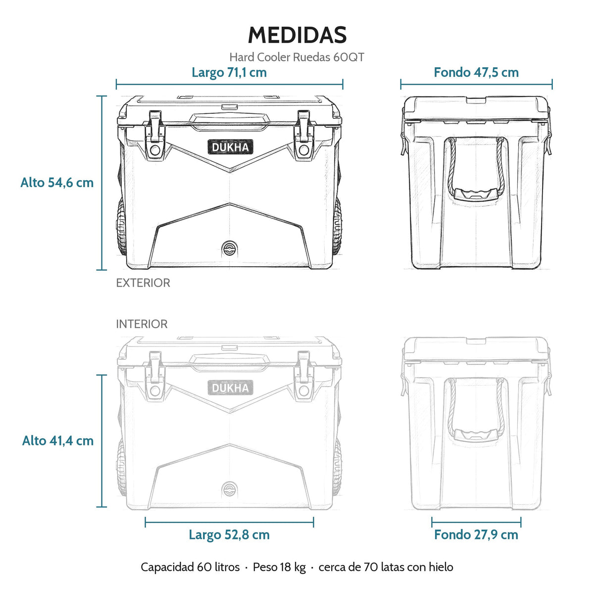 Hard Cooler DUKHA con ruedas 60QT W-Series, medidas exteriores e interiores